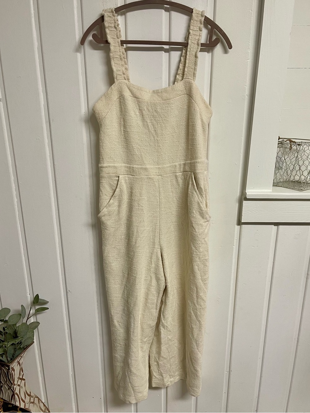 Madewell Texture & Thread Ivory Cotton Ruffle Strap Jumpsuit Size 8